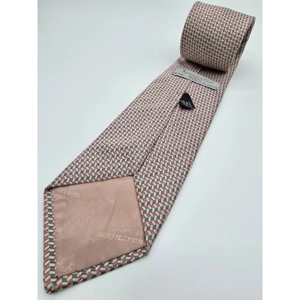 Aquascumtum of London Vintage 100% Silk Geometric Tie Pink Tan Gray 58